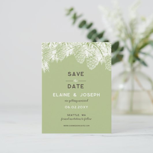 日素朴付を保存する松のコーン結婚式 案内ポストカード (スタンド正面)