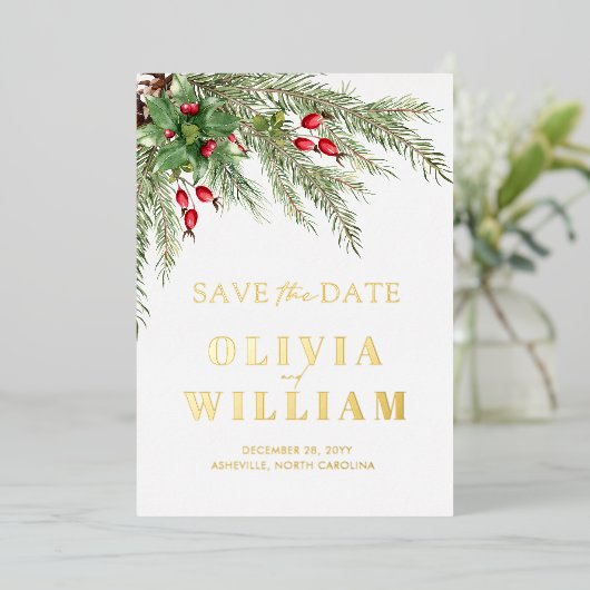 日素朴付を保存する緑のクリスマス 箔招待状 (立ち正面)