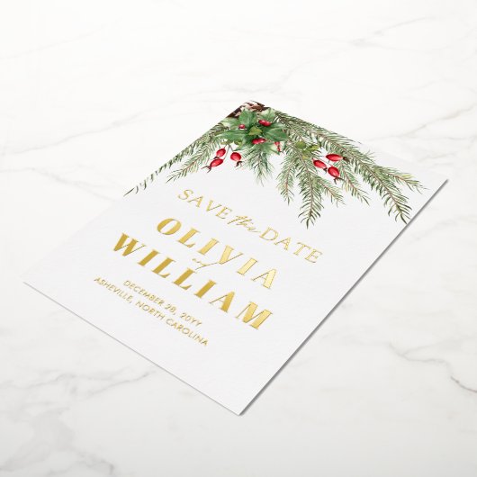 日素朴付を保存する緑のクリスマス 箔招待状 (回転した状態)