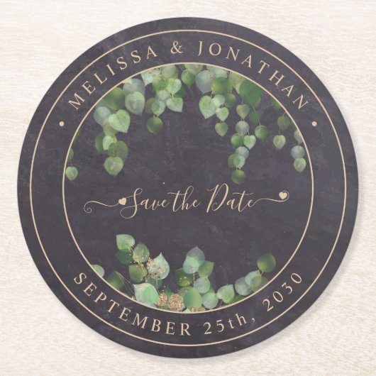 日素朴付を保存する緑の金ゴールド結婚式 ラウンドペーパーコースター (正面)