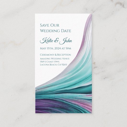 日結婚救付のモダン紫とティール（緑がかった色） 名刺 (正面)