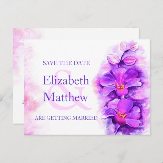 日絵を描付きカードを保存する蘭の紫の花 案内ポストカード (正面/裏面)