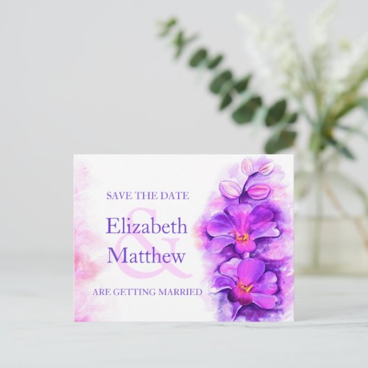 日絵を描付きカードを保存する蘭の紫の花 案内ポストカード (スタンド正面)