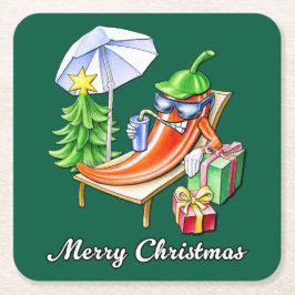 日除けと木の下の子供のような陽気なクリスマス スクエアペーパーコースター