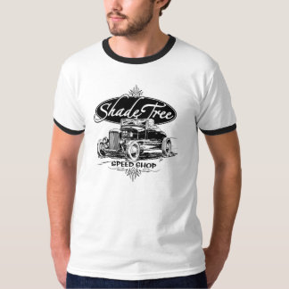 日除けの木の速度の店の黒 Tシャツ