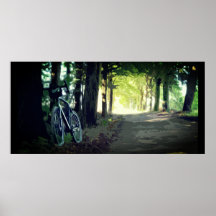 日陰のポスターの無人道路に砂利の自転車