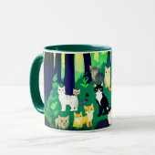 日陰の森の中での猫の集まり マグカップ (正面左)