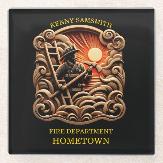 日頃のヒーローの消防署バッジ ガラスコースター (正面)