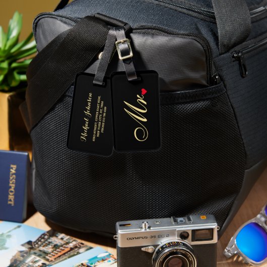 旦那グルーム氏の結婚黒いエレガント金ゴールド旅行 ラゲッジタグ (正面&裏面)