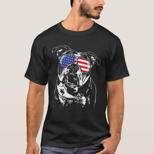 旧おもしろい英誇りを持ったブルドッグアメリカ国旗 Tシャツ (正面)