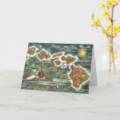 旧アンティークハワイアン諸島マップヒストリカル カード (黄色い花)