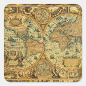 旧アンティークヴィンテージの世界地図図解入りの、写真付きの スクエアシール (正面)
