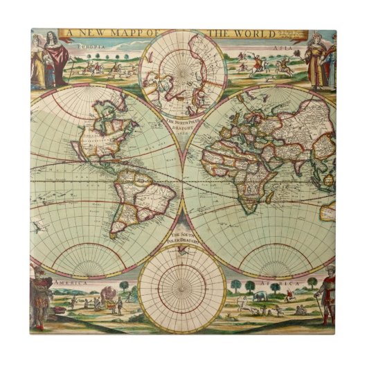 旧アンティーク一般世界地図セラミックタイル タイル (正面)