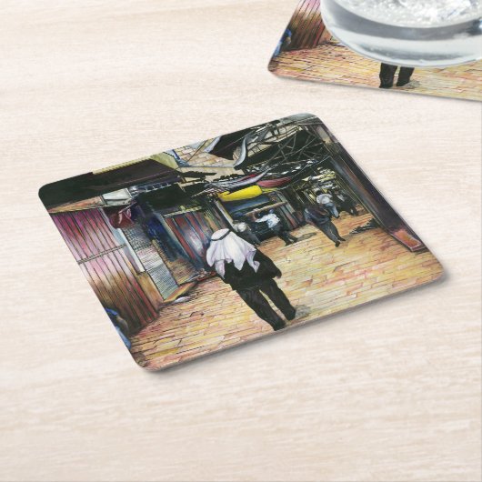 旧エルサレム旧市街地を歩いて家に帰る スクエアペーパーコースター (アングル)