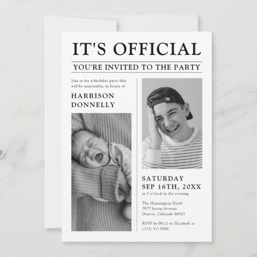 旧スタイル新聞写真誕生日パーティー 招待状 (裏面)