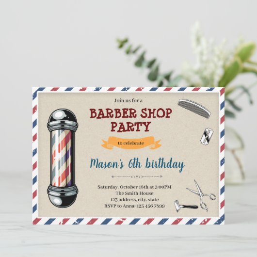 旧スタイル理髪店誕生日テーマ招待状 招待状 (スタンド正面)