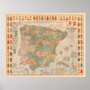 旧スペインの地図(1892)ヴィンテージスペインの家紋 ポスター