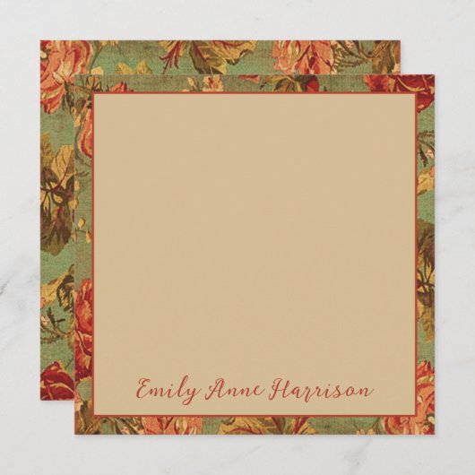 旧バラオングリーンスクエアノートカードパーソナライズされた (正面/裏面)