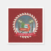 旧ファッションドクリスマスヴィンテージ赤トラック紙 スタンダードカクテルナプキン (正面)