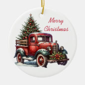 旧ファッションドクリスマスヴィンテージ赤トラック セラミックオーナメント (正面)