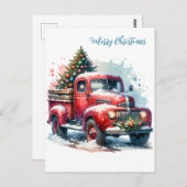 旧ファッションドクリスマスヴィンテージ赤トラック ポストカード (正面/裏面)