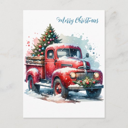旧ファッションドクリスマスヴィンテージ赤トラック ポストカード (正面)