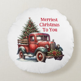 旧ファッションドクリスマスヴィンテージ赤トラック ラウンドクッション