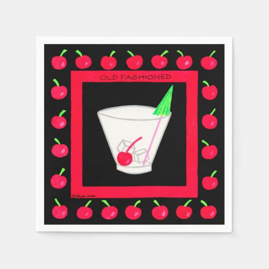 旧ファッションドレトロドリンク赤さくらんぼオンブラック スタンダードカクテルナプキン (正面)