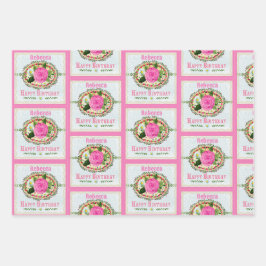 旧ファッションド誕生日あいさつ文の名前(ピンク) ラッピングペーパーシート