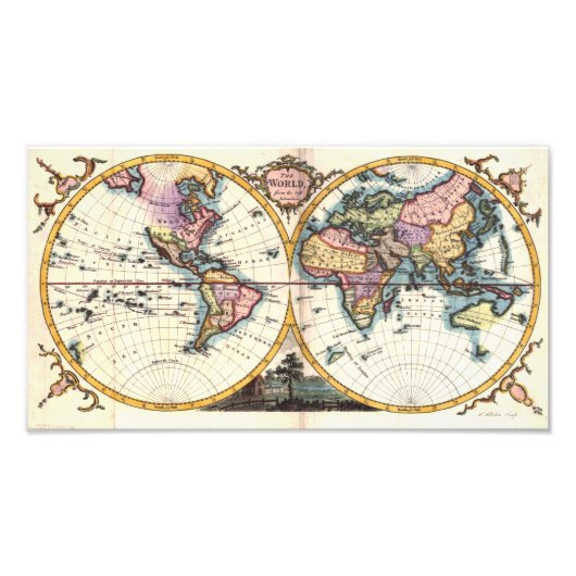 旧ヴィンテージアンティーク世界地図イラストレーションスケッチ フォトプリント            (正面)
