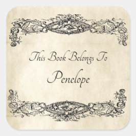 旧ヴィンテージスクロール作業蔵書票ラベル スクエアシール