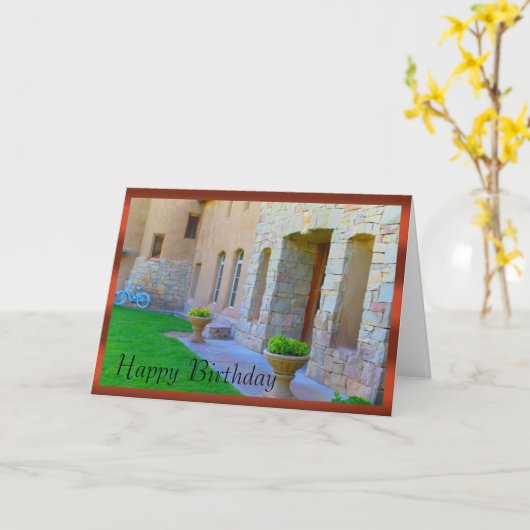 旧世界のワイナリー及び自転車の誕生日 カード (黄色い花)