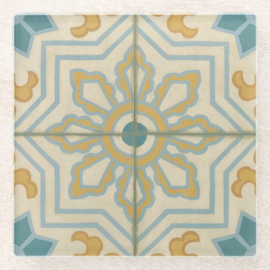 旧世界の装飾的なタイルパターン ガラスコースター (正面)