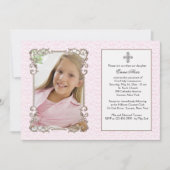 旧世界ピンクダマスク写真宗教招待状 招待状 (正面)