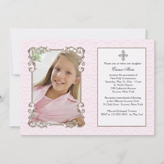 旧世界ピンクダマスク写真宗教招待状 招待状 (正面)