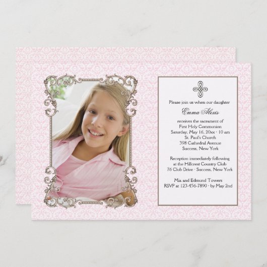 旧世界ピンクダマスク写真宗教招待状 招待状 (正面/裏面)