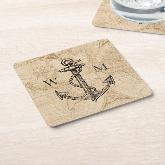 旧世界地図航海のいかりモノグラム スクエアペーパーコースター (アングル)