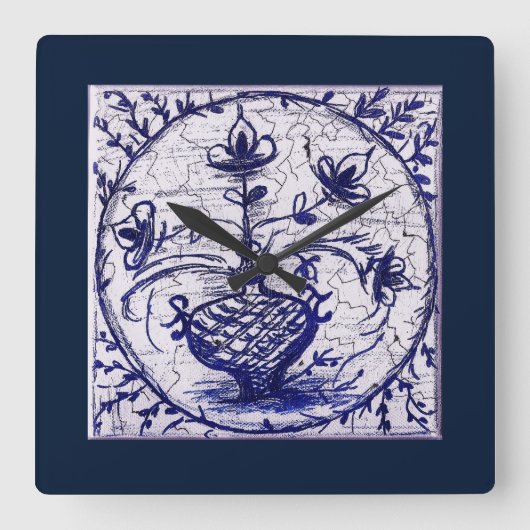 旧北ドイツのタイル、ヴィンテージセラミックタイル スクエア壁時計 (正面)