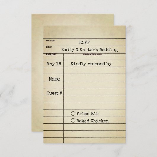 旧図書館カードウェディングRSVP 出欠カード (正面/裏面)