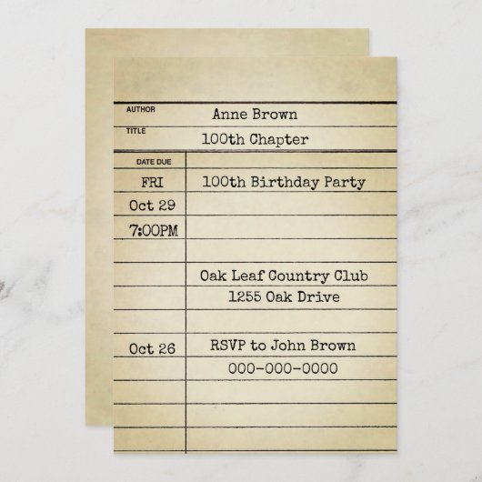 旧図書館カード100歳の誕生日パーティー 招待状 (正面/裏面)