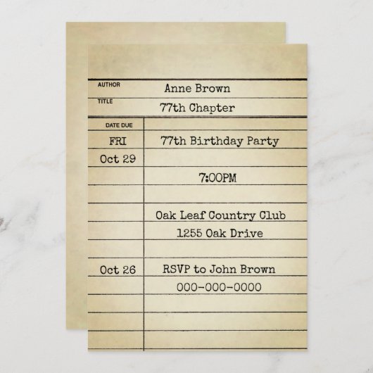 旧図書館カード77歳の誕生日パーティー 招待状 (正面/裏面)