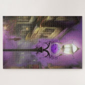 旧型ロンドン通り、紫の時計ランプ ジグソーパズル (横)