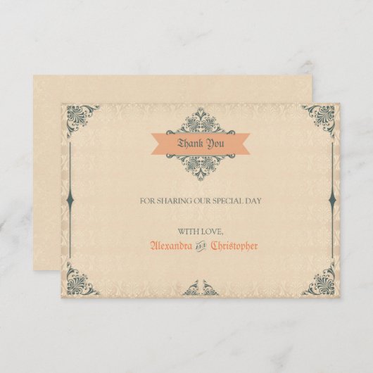 旧式でビクトリアンなスタイルのヴィンテージの結婚は感謝していしています サンキューカード (正面/裏面)
