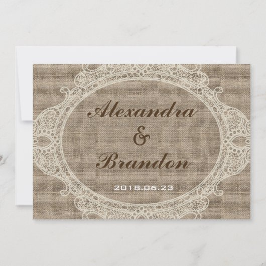 旧式で素朴な国のバーラップのレース 招待状 (正面)