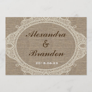 旧式で素朴な国のバーラップのレース 招待状