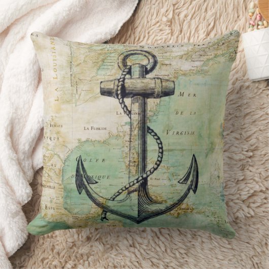旧式で航海のな地図及びいかりの枕 クッション (ブランケット)