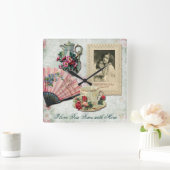 旧式で華美な花のコップのティーポットファンのレースフレーム スクエア壁時計 (ホーム)