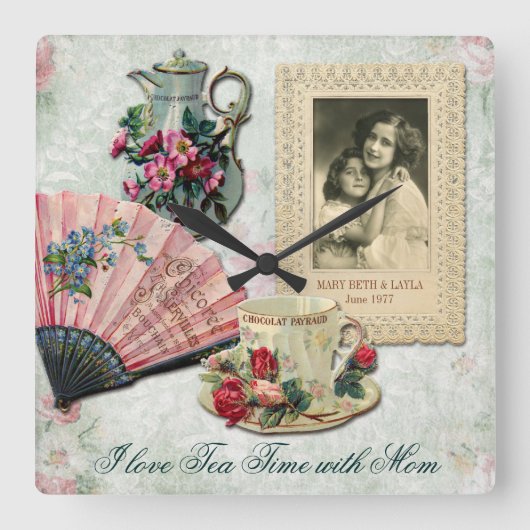 旧式で華美な花のコップのティーポットファンのレースフレーム スクエア壁時計 (正面)