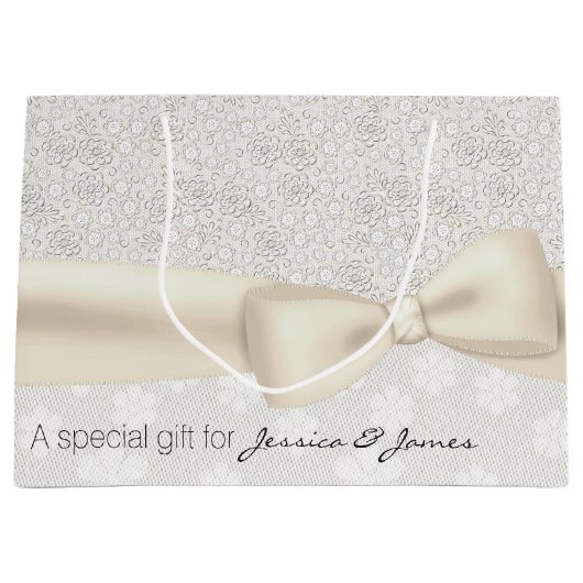 旧式なアイボリーの花の結婚式のギフトバッグ ラージペーパーバッグ (正面)