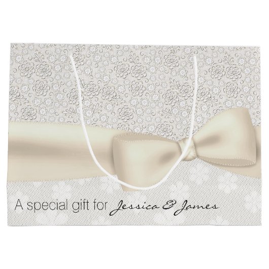 旧式なアイボリーの花の結婚式のギフトバッグ ラージペーパーバッグ (裏面)